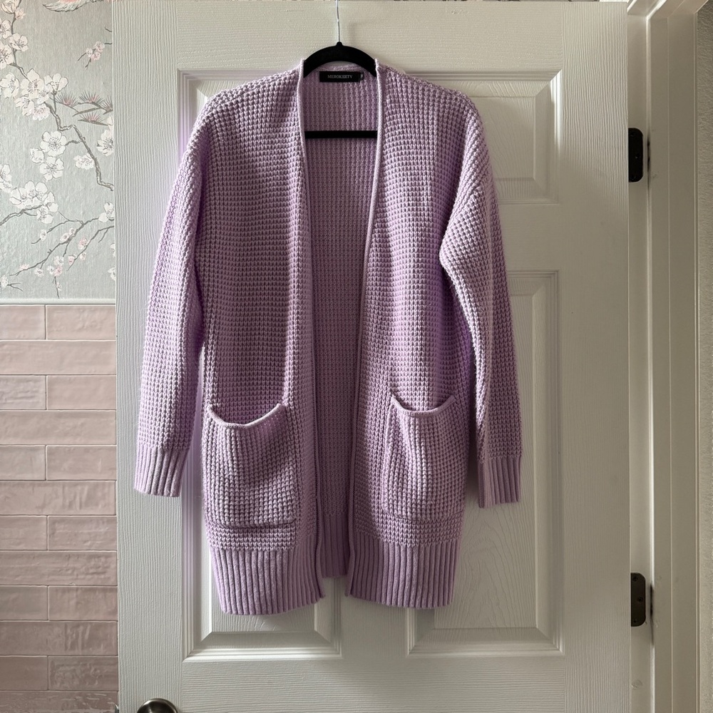 Long Sleeve Waffle Knit Cardigan,  Lavender size medium